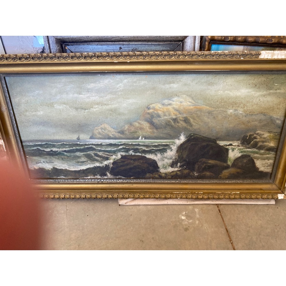 Ethel W. Miller Antique Oil Painting Seascape Coastal Ocean Framed Signed Art